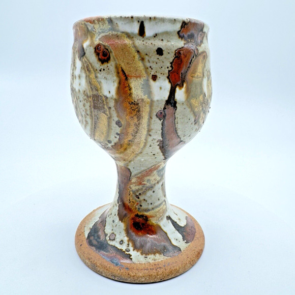Studio Art Pottery Goblet Chalice Cup Textured Glazed Brown Gray Stoneware #3 - Picture 1 of 9